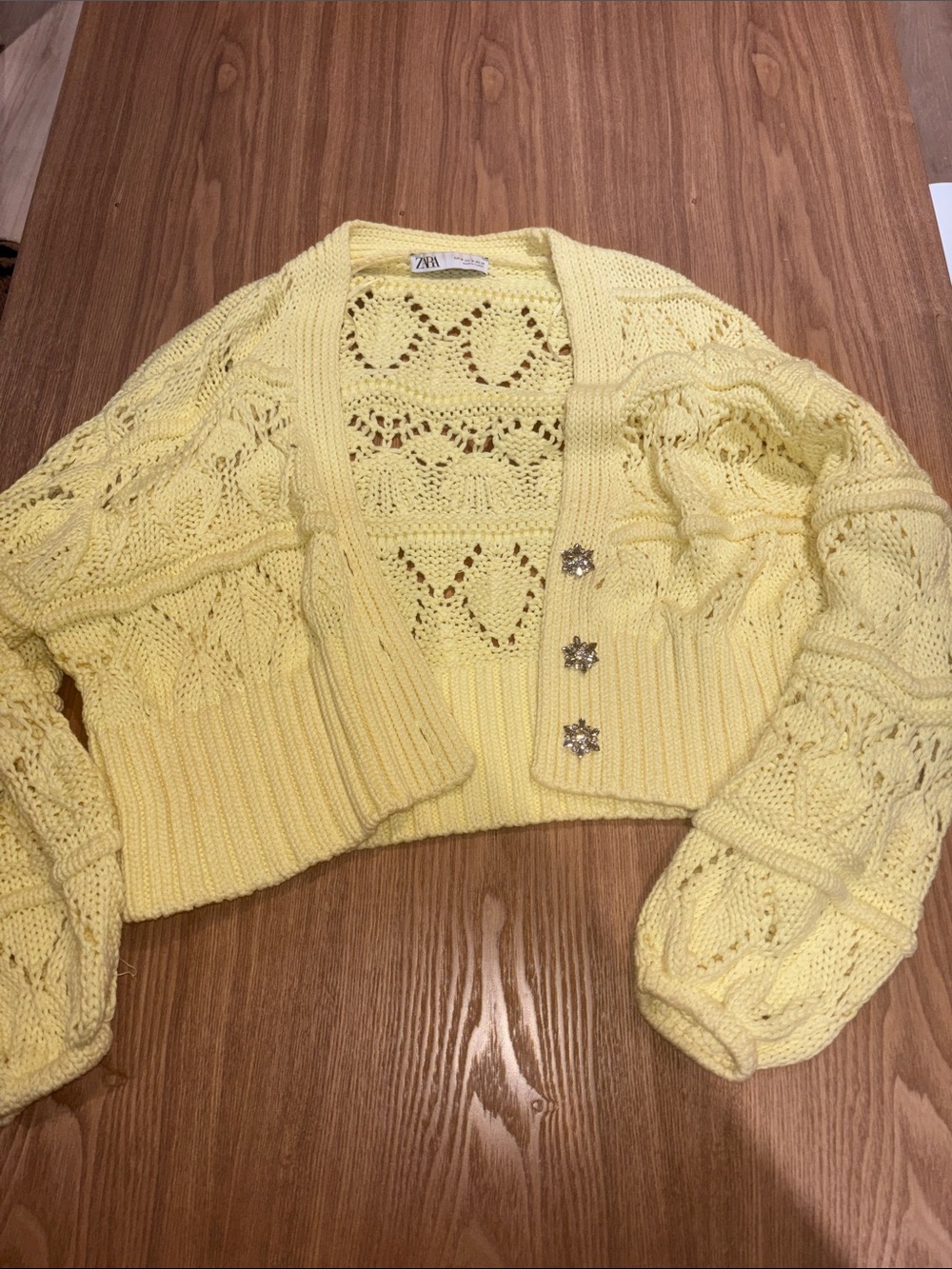 Zara Pale Yellow Open-Knit Cropped Cardigan with Floral Buttons